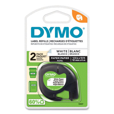 DYMO LetraTag Paper Label Tape Cassettes, 0.5" x 13 ft, White, 2/Pack