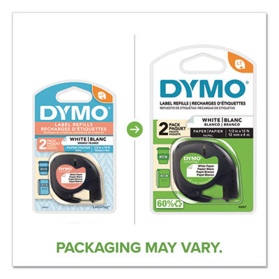 DYMO LetraTag Paper Label Tape Cassettes, 0.5" x 13 ft, White, 2/Pack