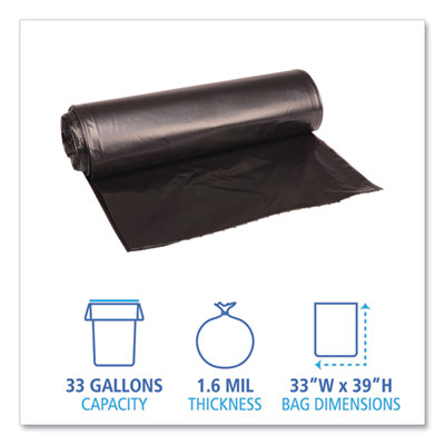 Boardwalk® Recycled Low-Density Polyethylene Can Liners, 33 gal, 1.6 mil, 33" x 39", Black, 10 Bags/Roll, 10 Rolls/Carton OrdermeInc OrdermeInc