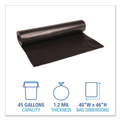 BOARDWALK Recycled Low-Density Polyethylene Can Liners, 45 gal, 1.2 mil, 40" x 46", Black, 10 Bags/Roll, 10 Rolls/Carton