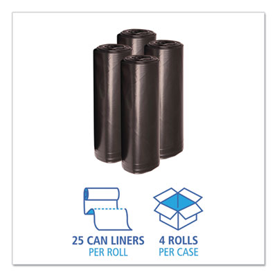 BOARDWALK Recycled Low-Density Polyethylene Can Liners, 60 gal, 1.2 mil, 38" x 58", Black, 10 Bags/Roll, 10 Rolls/Carton