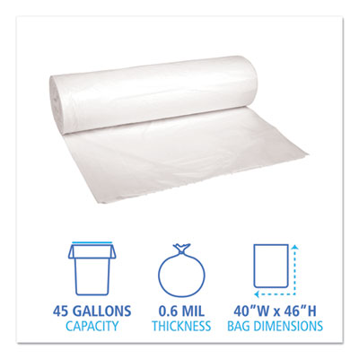 Low-Density Waste Can Liners, 45 gal, 0.6 mil, 40" x 46", White, 25 Bags/Roll, 4 Rolls/Carton OrdermeInc OrdermeInc
