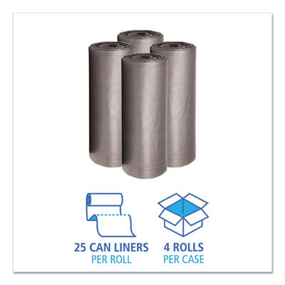 Low-Density Waste Can Liners, 60 gal, 0.95 mil, 38" x 58", Gray, 25 Bags/Roll, 4 Rolls/Carton OrdermeInc OrdermeInc