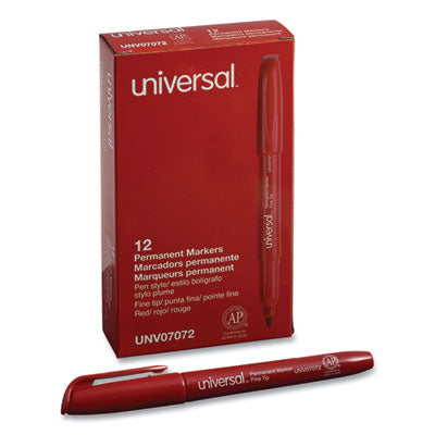 Universal™ Pen-Style Permanent Marker, Fine Bullet Tip, Red, Dozen - OrdermeInc