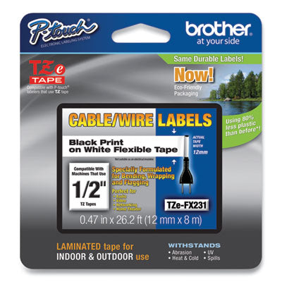 Brother P-Touch® Flexible ID Tape, 0.47" x 26.2 ft, Black on White OrdermeInc OrdermeInc