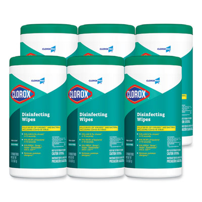 CLOROX SALES CO. Disinfecting Wipes, 1-Ply, Fresh Scent, 7 x 8, White, 75/Canister, 6 Canisters/Carton