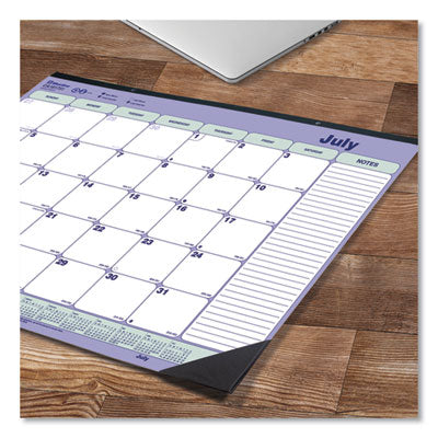 Academic Monthly Desk Pad Calendar, 21.25 x 16, White/Blue/Green, Black Binding/Corners, 13-Month (July-July): 2023 to 2024 - OrdermeInc