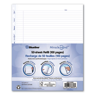 Blueline® MiracleBind Ruled Paper Refill Sheets for all MiracleBind Notebooks and Planners, 11 x 9.06, White/Blue Sheets, Undated - OrdermeInc