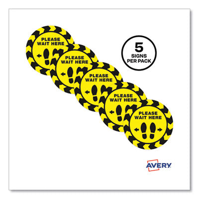 Social Distancing Floor Decals, 10.5" dia, Please Wait Here, Yellow/Black Face, Black Graphics, 5/Pack OrdermeInc OrdermeInc