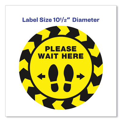 Social Distancing Floor Decals, 10.5" dia, Please Wait Here, Yellow/Black Face, Black Graphics, 5/Pack OrdermeInc OrdermeInc