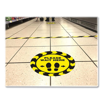 Social Distancing Floor Decals, 10.5" dia, Please Wait Here, Yellow/Black Face, Black Graphics, 5/Pack OrdermeInc OrdermeInc