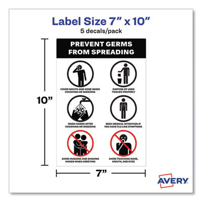 Preprinted Surface Safe Wall Decals, 7 x 10, Prevent Germs from Spreading, White/Black Face, Black Graphics, 5/Pack OrdermeInc OrdermeInc