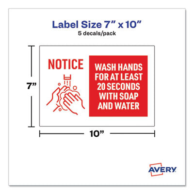 Preprinted Surface Safe Wall Decals, 10 x 7, Wash Hands for at Least 20 Seconds, White/Red Face, Red Graphics, 5/Pack OrdermeInc OrdermeInc