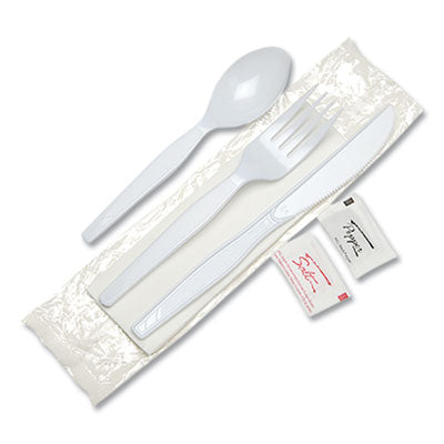 Individually Wrapped Mediumweight Polystyrene Cutlery, Knife/Fork/Teaspoon/Salt/Pepper/Napkin, White, 250/Carton OrdermeInc OrdermeInc