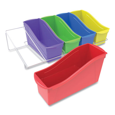 Book Bins with Metal Shelf Rack, 14.3 x 25.69 x 7.25, 5 Assorted Color Bins, White Epoxy Metal Rack OrdermeInc OrdermeInc