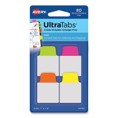 AVERY PRODUCTS CORPORATION Ultra Tabs Repositionable Tabs, Mini Tabs: 1" x 1.5", 1/5-Cut, Assorted Neon Colors, 80/Pack