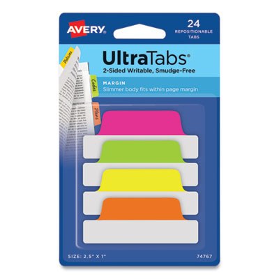 AVERY PRODUCTS CORPORATION Ultra Tabs Repositionable Tabs, Margin Tabs: 2.5" x 1", 1/5-Cut, Assorted Neon Colors, 24/Pack
