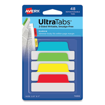AVERY PRODUCTS CORPORATION Ultra Tabs Repositionable Tabs, Margin Tabs: 2.5" x 1", 1/5-Cut, Assorted Colors, 48/Pack