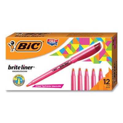 BIC CORP. Brite Liner Highlighter, Fluorescent Pink Ink, Chisel Tip, Pink/Black Barrel, Dozen