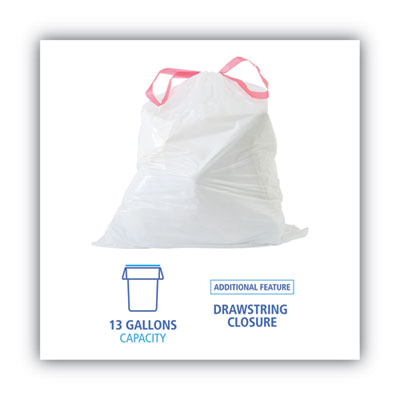 BOARDWALK Drawstring Kitchen Bags, 13 gal, 0.8 mil, White, 50 Bags/Roll, 2 Rolls/Carton