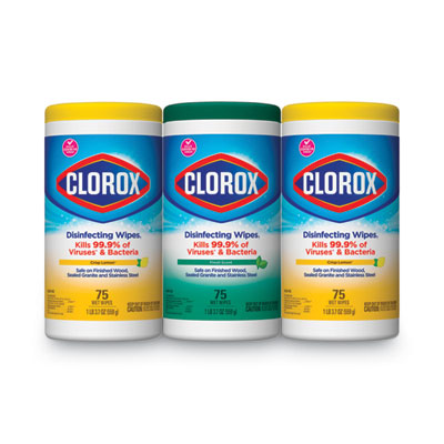 CLOROX SALES CO. Disinfecting Wipes, 1-Ply, 7 x 8, Fresh Scent/Citrus Blend, White, 75/Canister, 3 Canisters/Pack