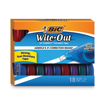 BIC CORP. Wite-Out EZ Correct Correction Tape Value Pack, Non-Refillable, Randomly Assorted Applicator Colors, 0.17" x 472", 18/Pack