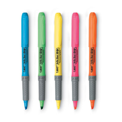 BIC CORP. Brite Liner Grip Pocket Highlighter, Assorted Ink Colors, Chisel Tip, Assorted Barrel Colors, 5/Set