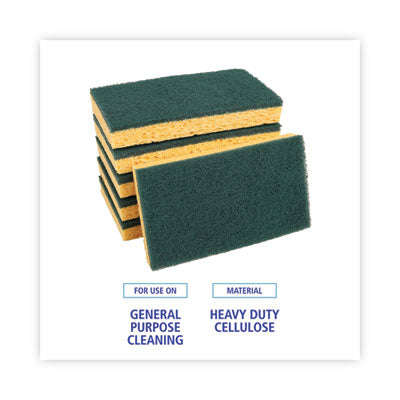 BOARDWALK Scrubbing Sponge, Medium Duty, 3.6 x 6.1, 0.75" Thick, Yellow/Green, Individually Wrapped, 20/Carton