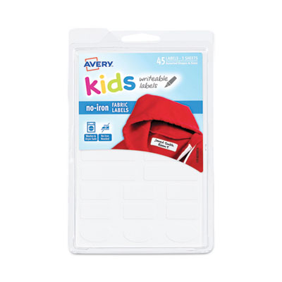 Avery Kids No-Iron Fabric Labels, Handwrite Only, Assorted Shapes and Sizes, White, 15 Labels/Sheet, 3 Sheets/Pack OrdermeInc OrdermeInc