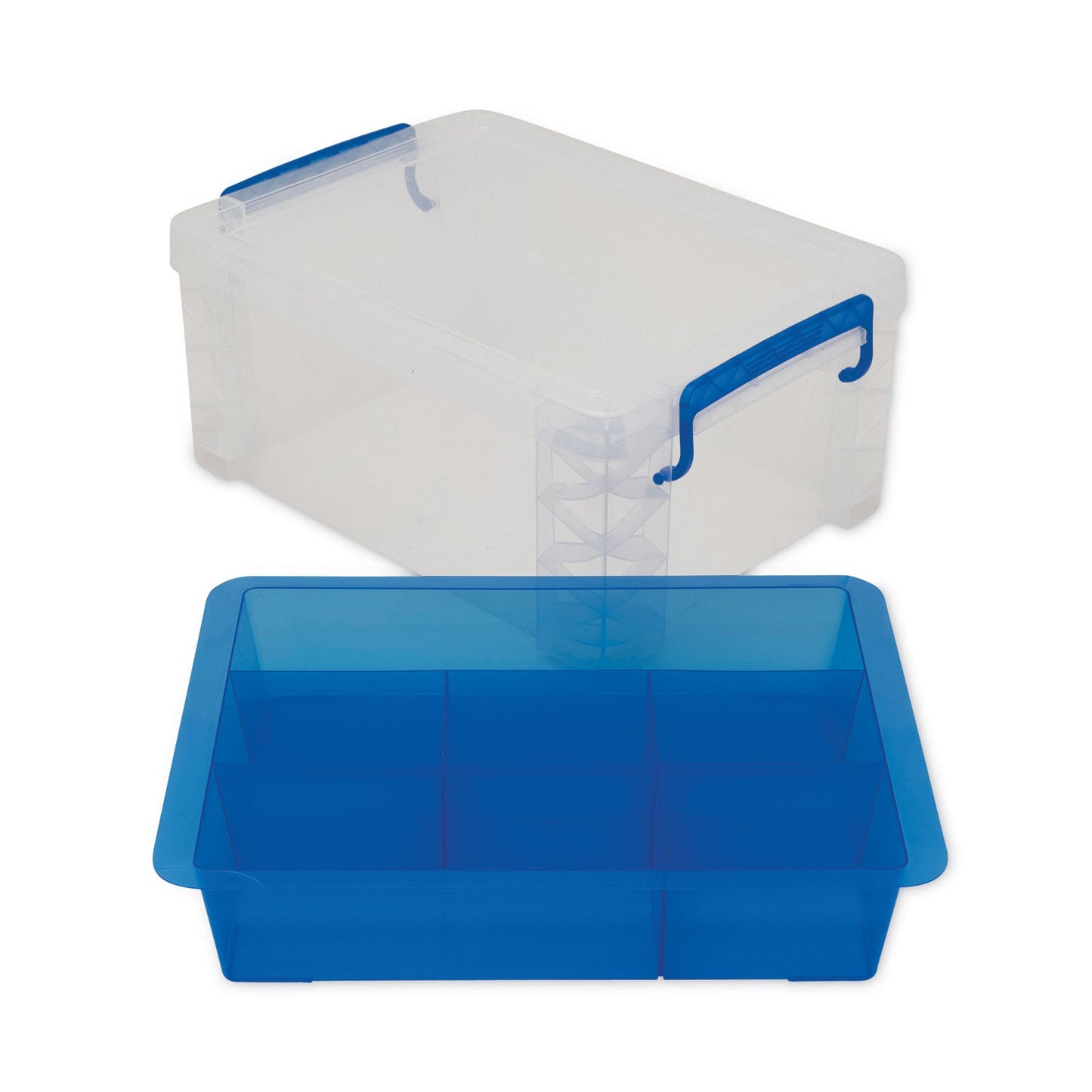 ADVANTUS CORPORATION Super Stacker Divided Storage Box, 6 Sections, 10.38" x 14.25" x 6.5", Clear/Blue