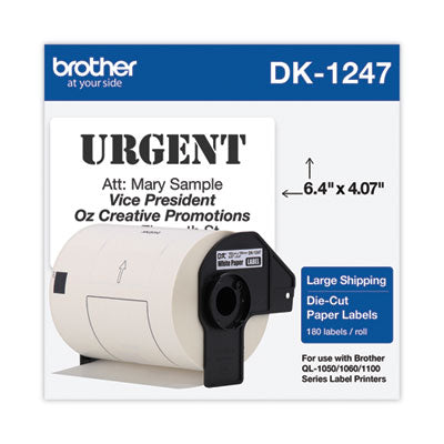 BROTHER INTL. CORP. DK1247 Label Tape, 4.07" x 6.4", Black on White, 180 Labels/Roll