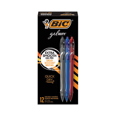 BIC CORP. Gel-ocity Quick Dry Gel Pen, Retractable, Fine 0.7 mm, Three Assorted Ink and Barrel Colors, Dozen
