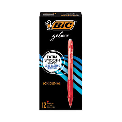BIC CORP. Gel-ocity Gel Pen, Retractable, Medium 0.7 mm, Red Ink, Translucent Red Barrel, Dozen