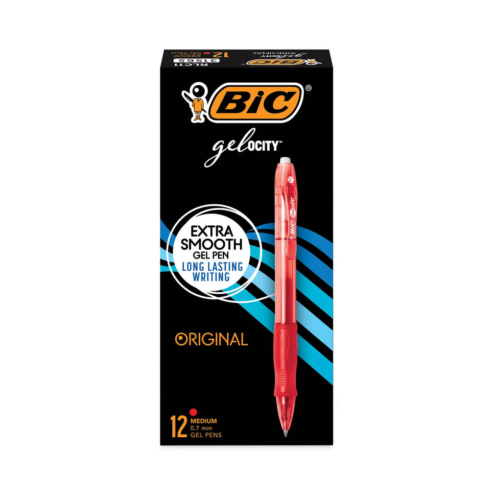 BIC CORP. Gel-ocity Gel Pen, Retractable, Medium 0.7 mm, Red Ink, Translucent Red Barrel, Dozen