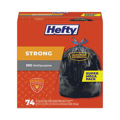 Hefty® Strong Multipurpose Drawstring Trash Bags, 30 gal, 1.1 mil, 30" x 33", Black, 74/Box OrdermeInc OrdermeInc