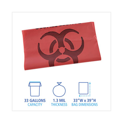 Linear Low Density Health Care Trash Can Liners, 33 gal, 1.3 mil, 33 x 39, Red, 150/Carton OrdermeInc OrdermeInc