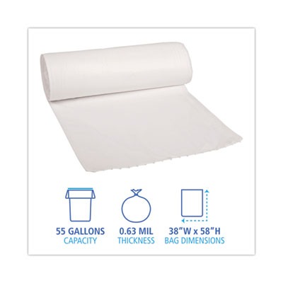 Linear Low Density Can Liners, 55 gal, 0.63 mil, 38" x 58", White, 10 Bags/Roll, 10 Rolls/Carton OrdermeInc OrdermeInc