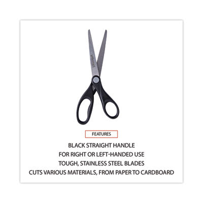 UNIVERSAL OFFICE PRODUCTS Stainless Steel Office Scissors, Pointed Tip, 7" Long, 3" Cut Length, Black Straight Handle