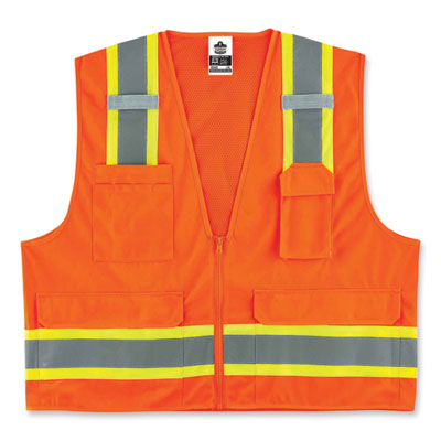 GloWear 8248Z Class 2 Two-Tone Surveyors Zipper Vest, Polyester, 2X-Large/3X-Large, Orange - OrdermeInc