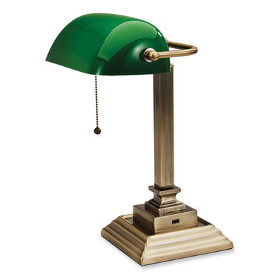 LED Banker's Lamp with Green Shade, USB Charging Port, Candlestick Neck, 15" High, Antique Brass, Ships in 4-6 Business Days OrdermeInc OrdermeInc
