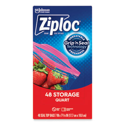 Ziploc® Double Zipper Storage Bags, 1 qt, 1.75 mil, 9.63" x 8.5", Clear, 48/Box - OrdermeInc