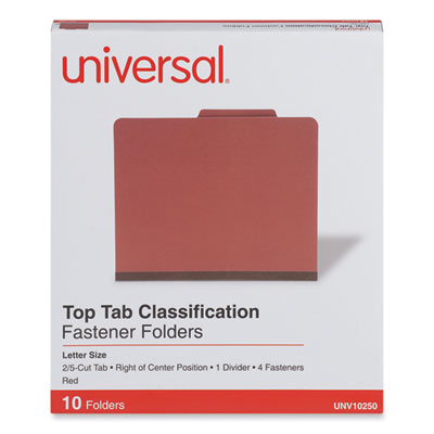 Universal® Four-Section Pressboard Classification Folders, 2" Expansion, 1 Divider, 4 Fasteners, Letter Size, Red Exterior, 10/Box OrdermeInc OrdermeInc