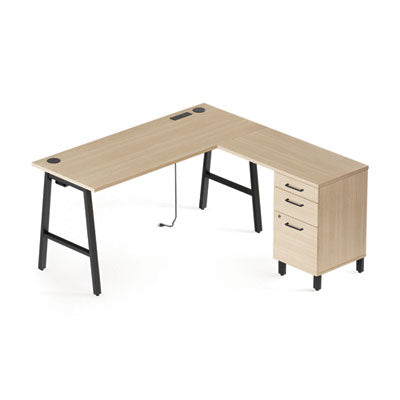 Essentials Single-Pedestal L-Shaped Desk with Integrated Power Management, 59.8" x 59.8 x 29.7", Natural Wood/Black OrdermeInc OrdermeInc