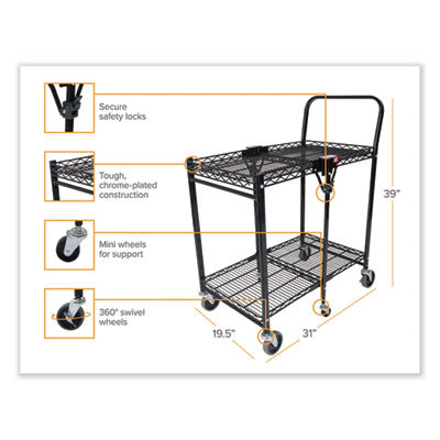 Stowaway Folding Carts, Metal, 2 Shelves, 250 lb Capacity, 29.63" x 37.25" x 18", Black OrdermeInc OrdermeInc