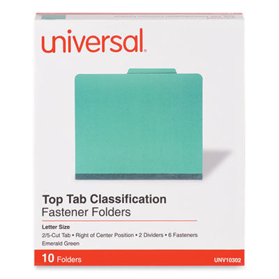 Universal® Bright Colored Pressboard Classification Folders, 2" Expansion, 2 Dividers, 6 Fasteners, Letter Size, Emerald Green, 10/Box OrdermeInc OrdermeInc