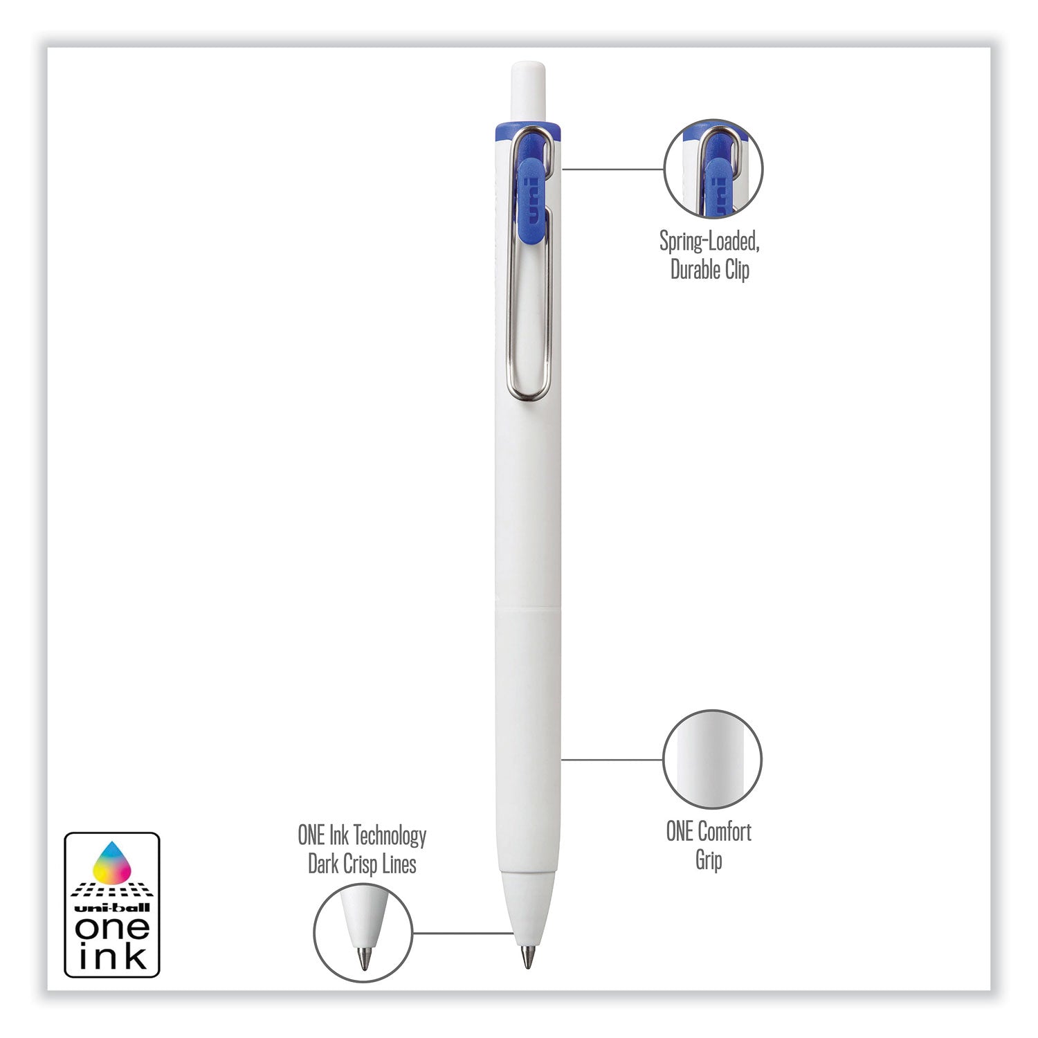 uniONE Gel Pen, Retractable, Medium 0.7 mm, Blue Ink, White/Blue Barrel, Dozen OrdermeInc OrdermeInc