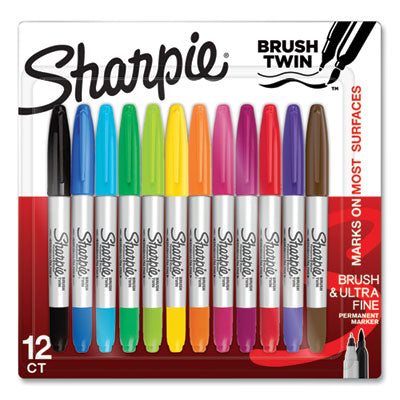Brush Tip Permanent Marker, Twin Tip, Ultra-Fine Needle/Broad Brush Tips, Assorted Colors, 12/Pack OrdermeInc OrdermeInc