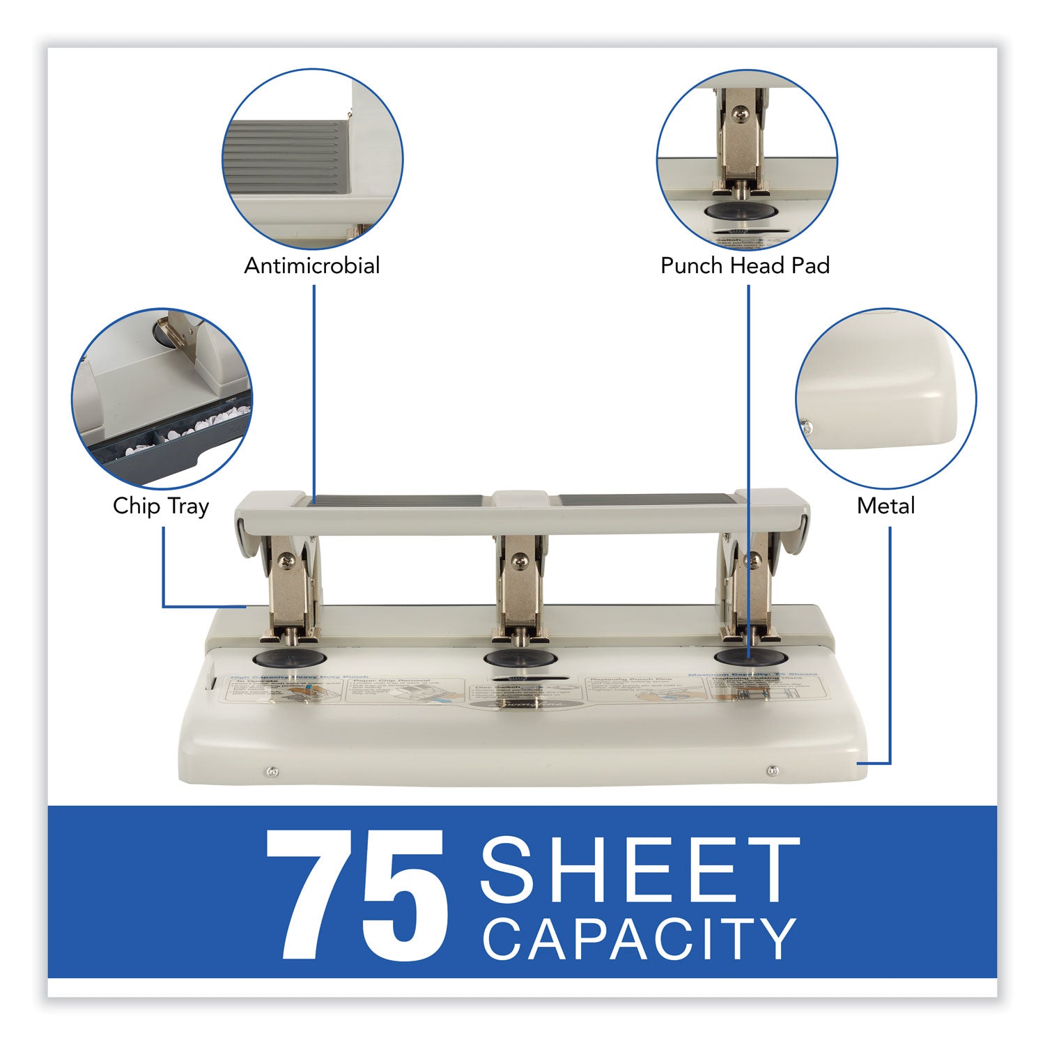 75-Sheet Heavy-Duty High-Capacity Three-Hole Adjustable Punch, 9/32" Holes, Putty/Gray OrdermeInc OrdermeInc