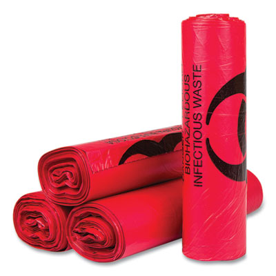 Biohazard High-Density Commercial Can Liners, 33 gal, 13 mic, 33" x 40", Red, 25 Bags/Roll, 20 Interleaved Rolls/Carton OrdermeInc OrdermeInc