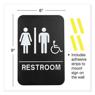 Indoor/Outdoor Restroom Sign with Braille Text and Wheelchair, 6" x 9", Black Face, White Graphics, 3/Pack OrdermeInc OrdermeInc